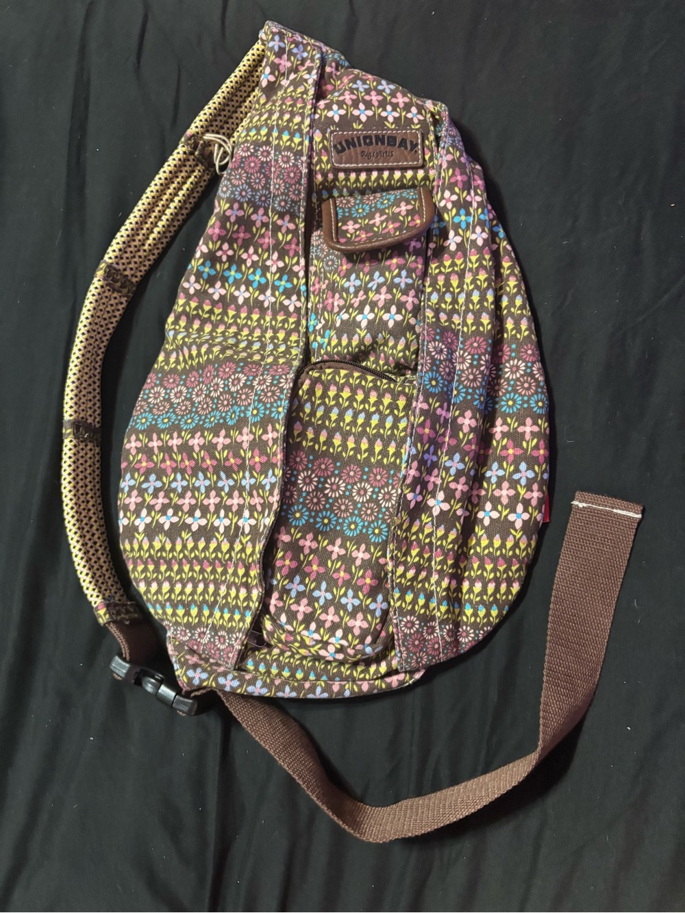 UNIONBAY Brown Floral Pattern Crossbody Sling Bag with Pink Blue Yellow Accents